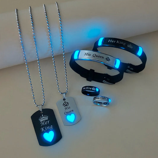 6-Piece Set Luminous Heart And Crown Design Her King His Queen Couple Necklace Ring Bracelet Women's Fashion Jewelry Set