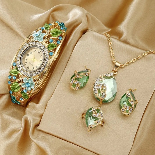 Versatile Floral Watch Set, Vintage Court-Style Ladies Watch & Jewelry, Elegant Yet Practical Daily Accessory.