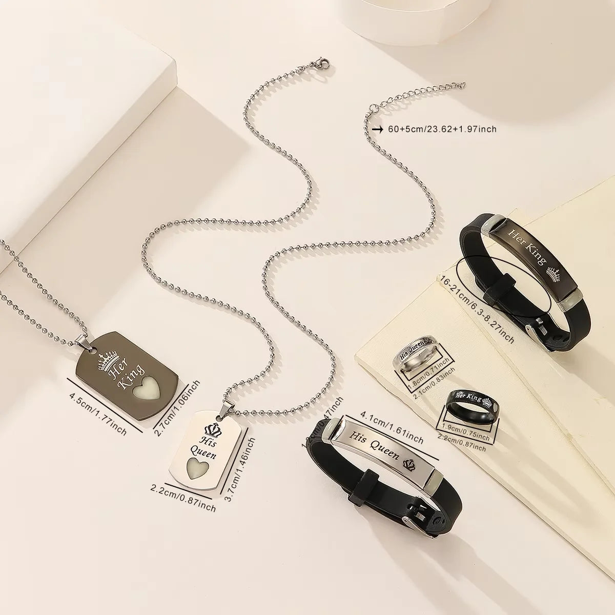 6-Piece Set Luminous Heart And Crown Design Her King His Queen Couple Necklace Ring Bracelet Women's Fashion Jewelry Set