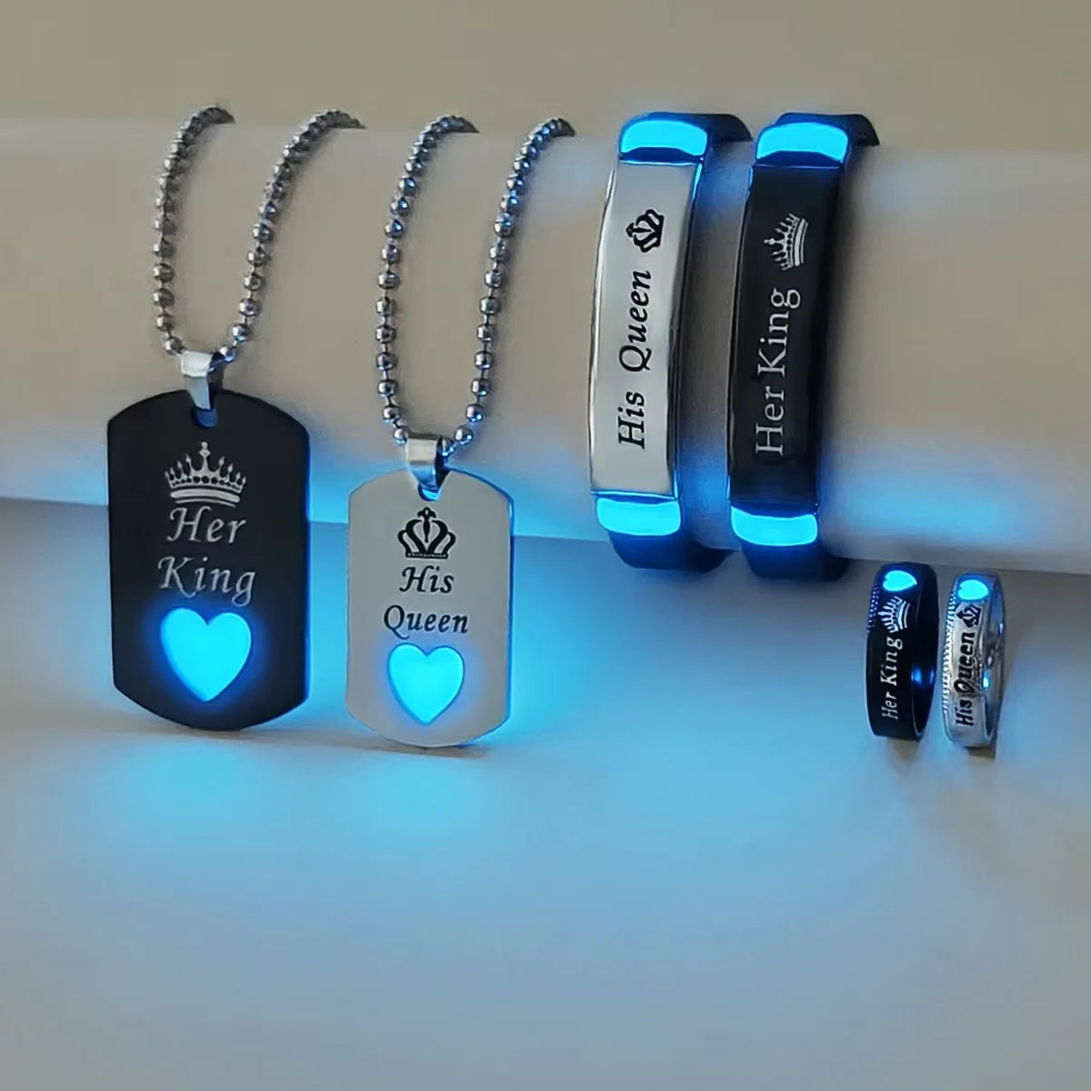 6-Piece Set Luminous Heart And Crown Design Her King His Queen Couple Necklace Ring Bracelet Women's Fashion Jewelry Set