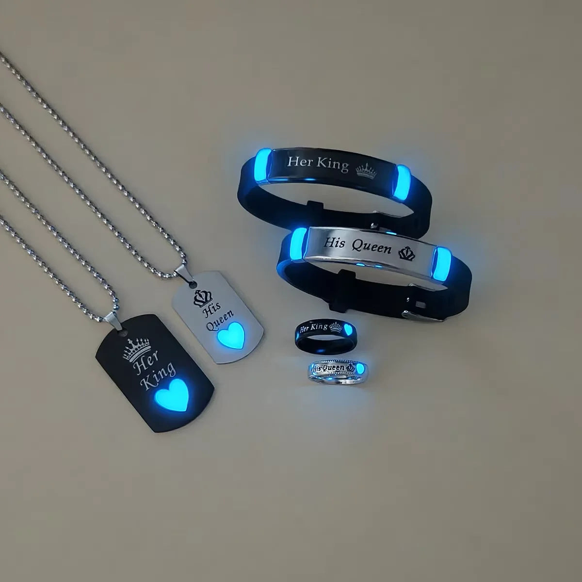 6-Piece Set Luminous Heart And Crown Design Her King His Queen Couple Necklace Ring Bracelet Women's Fashion Jewelry Set